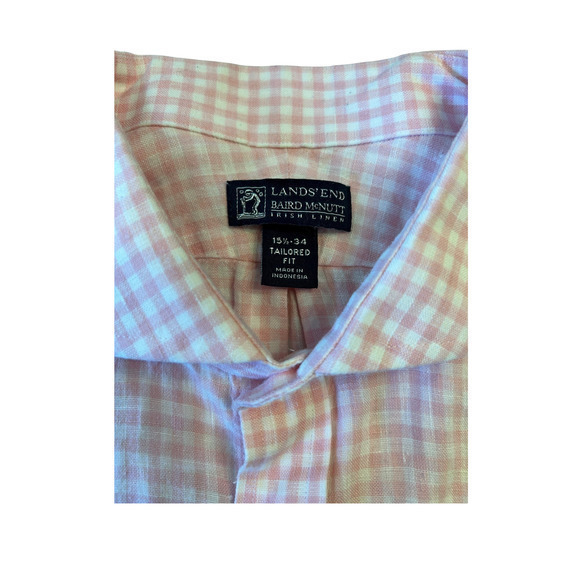 Lands End Mens Irish Linen Gingham Shirt‎ Size 15.5 - 34 Pink White - Picture 4 of 6